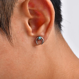 Men's punk stainless steel crescent moon stud earring with turquoise bead on ear