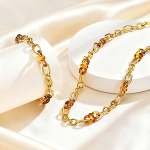 Collier Bracelet à Maillons Géométriques en Acier Inoxydable et Résine Ambre pour Femmes Bijoux Rétro Ton Or
