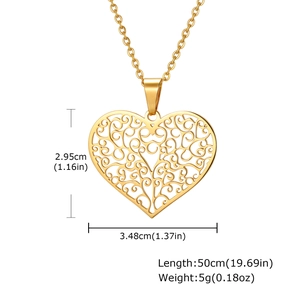 Gold hollow heart pendant necklace with tree of life pattern and size specifications