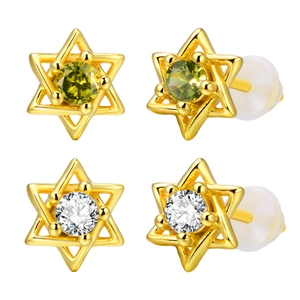 Boucles d'oreilles étoile de David avec zircons vert olive et blancs plaqués or