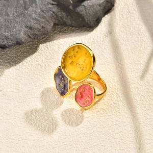 Modern gold plated stainless steel open ring with colorful enamel drip glaze accents