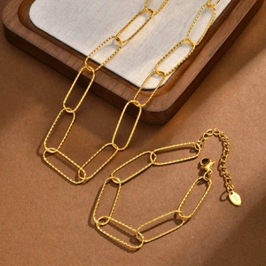 Luxury Gold Stainless Steel Textured Link Chain Necklace For Women Minimalist Geometric Paperclip Jewelry Gift