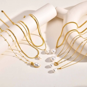 Double layered gold heart pearl necklace with stainless steel cross chain and pearls