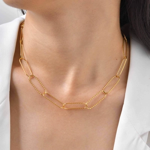 Elegant gold textured rectangular link chain necklace worn on model for commute style