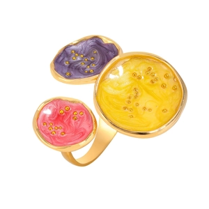 Golden geometric open ring with colorful tricolor resin swirls and metallic beads