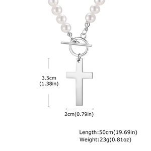 Minimalist stainless steel cross pendant necklace with imitation pearls and OT toggle clasp