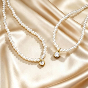 Vintage 18K Gold Plated Stainless Steel Imitation Artificial Pearl Beads Necklace With Round Heart Cubic Zirconia Pendant Women Jewelry