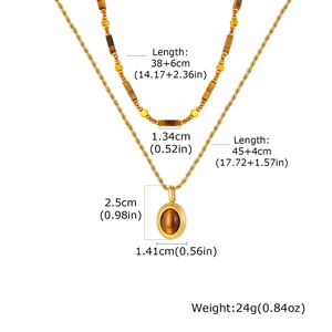 Dimensions détaillées du collier double rang en œil de tigre avec chaîne dorée et pendentif
