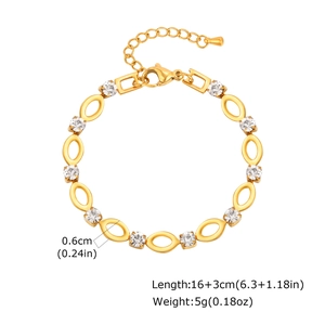 Gedetailleerd beeld van de gouden schakelarmband met witte strassteentjes en afmetingen