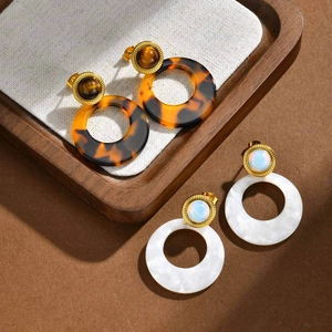 Vintage Stainless Steel Geometric Circular Earrings For Women Tiger Eye Opal Style Resin Drop Earrings Fashion Jewelry Gift