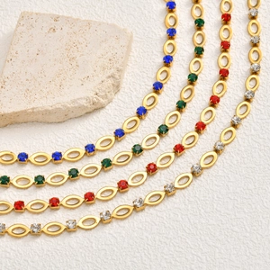 Luxe 18K vergulde roestvrijstalen ketting met kleurrijke ovale strass steentjes voor dames