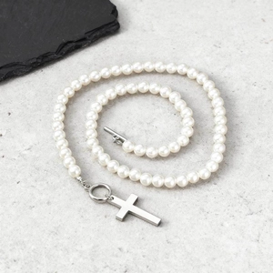 Stainless Steel Cross Pendant Faux Artificial Pearl Necklace With Toggle Clasp Silver White Beaded Choker For Women Men Unisex Fashion Jewelry