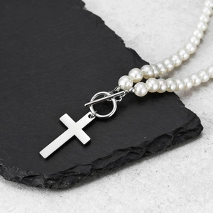 Chic stainless steel cross pendant necklace with white pearls and OT toggle clasp