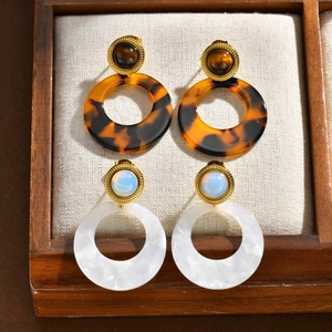 Retro stainless steel earrings with round tiger eye and opal stones in gold frames