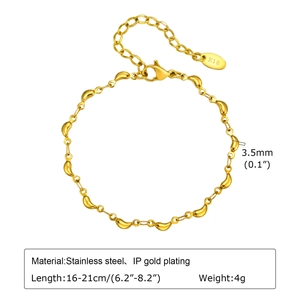 18K gold plated stainless steel bean link bracelet for women with lobster clasp and tag