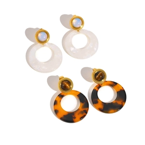Retro stainless steel earrings with tiger eye and opal resin ring pendants