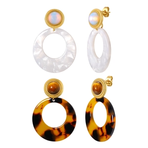 Retro stainless steel hoop earrings with tiger eye stone and resin charms on white background