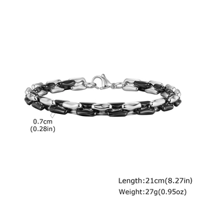 Detail shot of black and silver stainless steel Cuban chain bracelet with dimensions