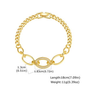 Detail showing 18cm gold Cuban chain bracelet with micro-pave oval ring and dimensions