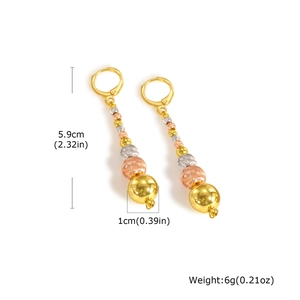 Detailed view of tricolor copper bead earrings showing 5.9cm length and 6g weight specs