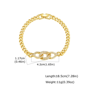 Detailed view of gold chain bracelet with zircon micro-pave oval rings and sizing specs