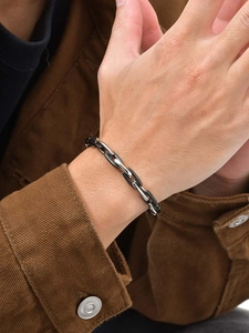 Men's hip hop cuban link bracelet featuring silver and black stainless steel chain details