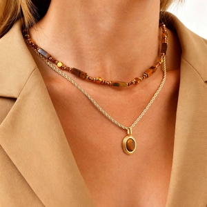 Collier Double Rang Vintage en Acier Inoxydable Perles en Oeil de Tigre Naturel Pendentif Géométrique Chaîne de Corde Bijoux
