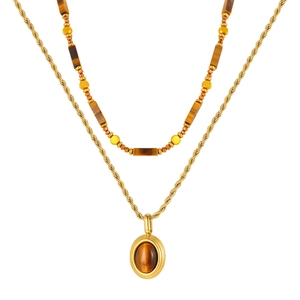 Ensemble collier double rang en acier inoxydable avec oeil de tigre et pendentif ovale