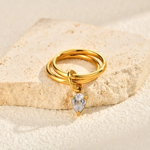 Bague Double Couche en Acier Inoxydable Minimaliste pour Femme Pendentif Zirconia Forme Poire Bijoux de Mode Cadeau d'Anniversaire