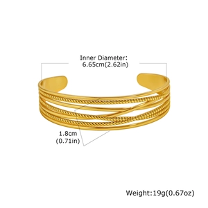 Detail showing dimensions of gold multi-layer open bangle with twisted rope texture