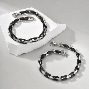 Men's hip hop stainless steel Cuban link bracelet set with black and silver contrast
