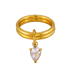 Bague double couche minimaliste en acier inoxydable doré avec breloque zircon blanc