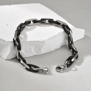 Men's hip hop Cuban link bracelet in silver steel and black glossy finish links