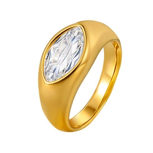 Polished gold thick band ring featuring a large marquise-cut cubic zirconia in bezel setting