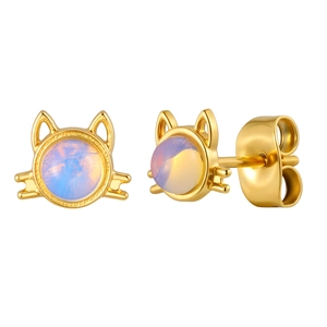 Boucles d'oreilles chat minimalistes en acier inoxydable doré avec opale irisée