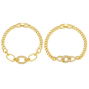 Gold Cuban link bracelets with micro-pave zircon oval rings and secure folding clasp