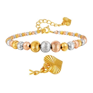 Three-tone faceted bead bracelet in gold silver and rose gold with heart charm