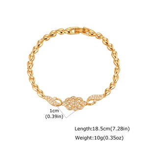 Detailed view of gold infinity leaf bracelet with zircon clusters and dimensions