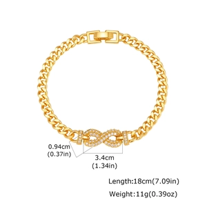 Detail view of gold infinity link bracelet with dimensions showing 18cm length and 11g weight