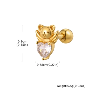 Dimensions détaillées du clou d'oreille chat ailé doré avec zircon en forme de cœur