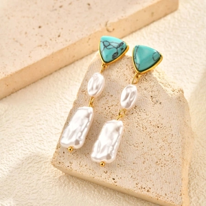 Vintage French Stainless Steel Drop Earrings With Imitation Turquoise And Artificial Baroque Pearls Gold Plated Jewelry For Women