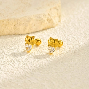 Boucles d'Oreilles Clous en Acier Inoxydable Forme Cœur Ours pour Femmes Mignonnes Boucles d'Oreilles Animaux Strass Doré Bijoux