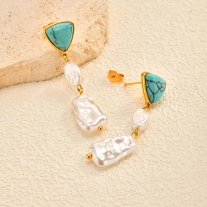 French vintage stainless steel earrings with turquoise stones and baroque pearls