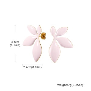 Detailed view of pink leaf earrings showing 3.4cm height and 2.2cm width dimensions