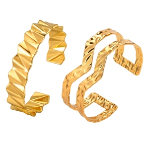 Ensemble de bracelets ouverts en acier inoxydable doré avec vagues et plis géométriques