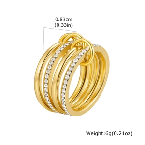 Detail view of multi-layer gold plated ring with crystal inlay and size measurement
