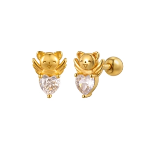 Boucles d'oreilles dorées avec cœur en zircon, ailes et fermoir à vis sécurisé