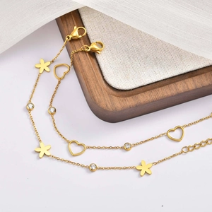Collier doré en acier inoxydable avec pendentifs cœur évidé, zircon et fleur