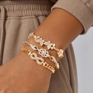 Luxury 24K Gold Plated Copper Bracelet For Women Vintage Rhinestone Infinity Flower Butterfly Charm Bracelet Fashion Jewelry