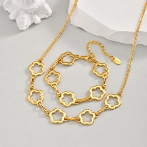 Set collana e bracciale in acciaio inossidabile placcato oro 18K con fiori cavi